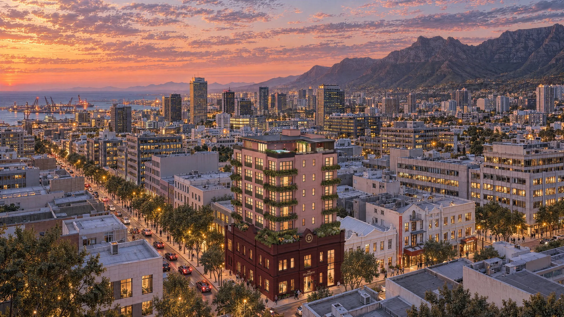 The Delaporte on Loop Street at dusk, with the city, harbour and Table Mountain around it