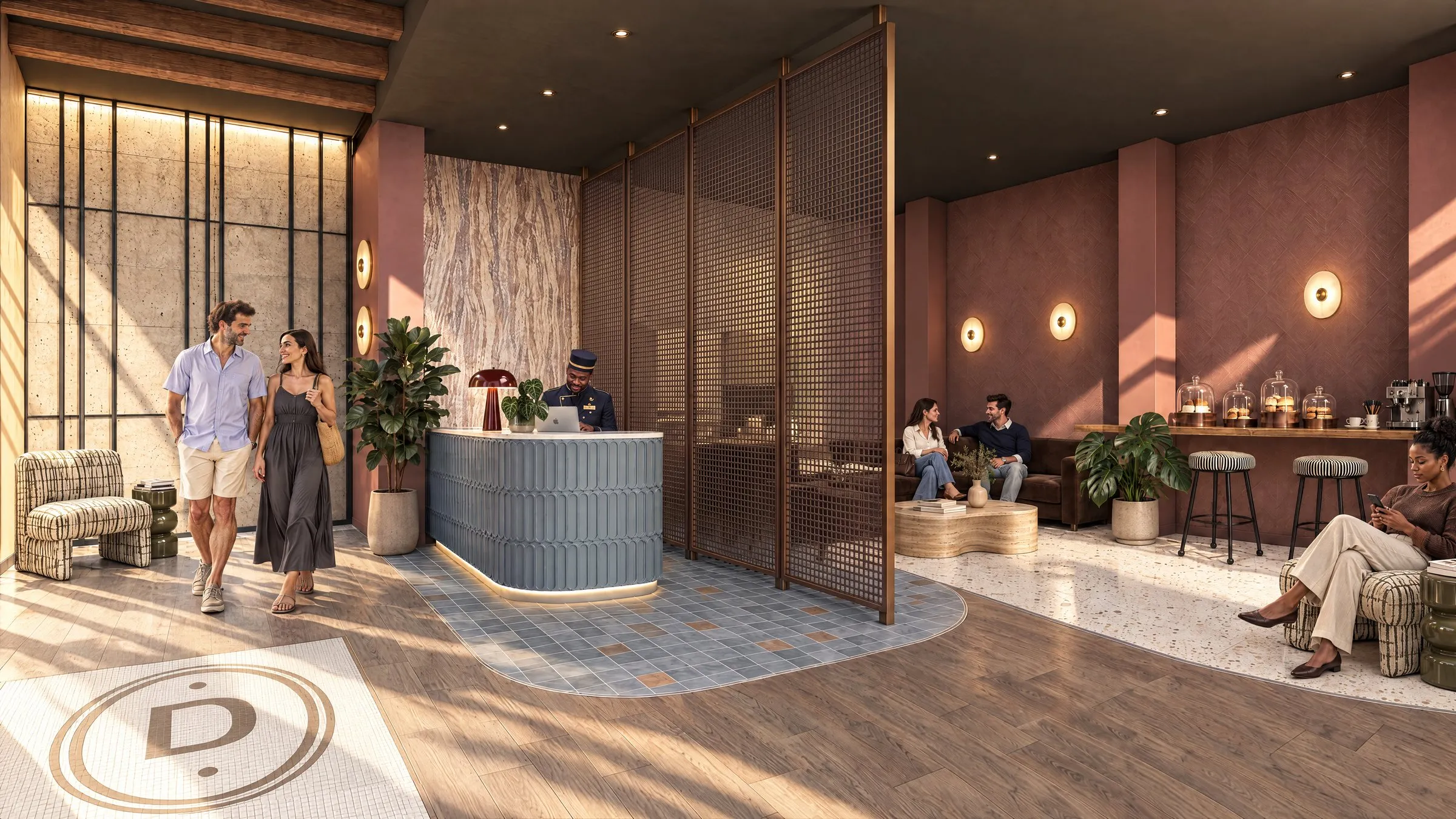 The entrance lobby, with a concierge desk behind a screen of bronze mesh