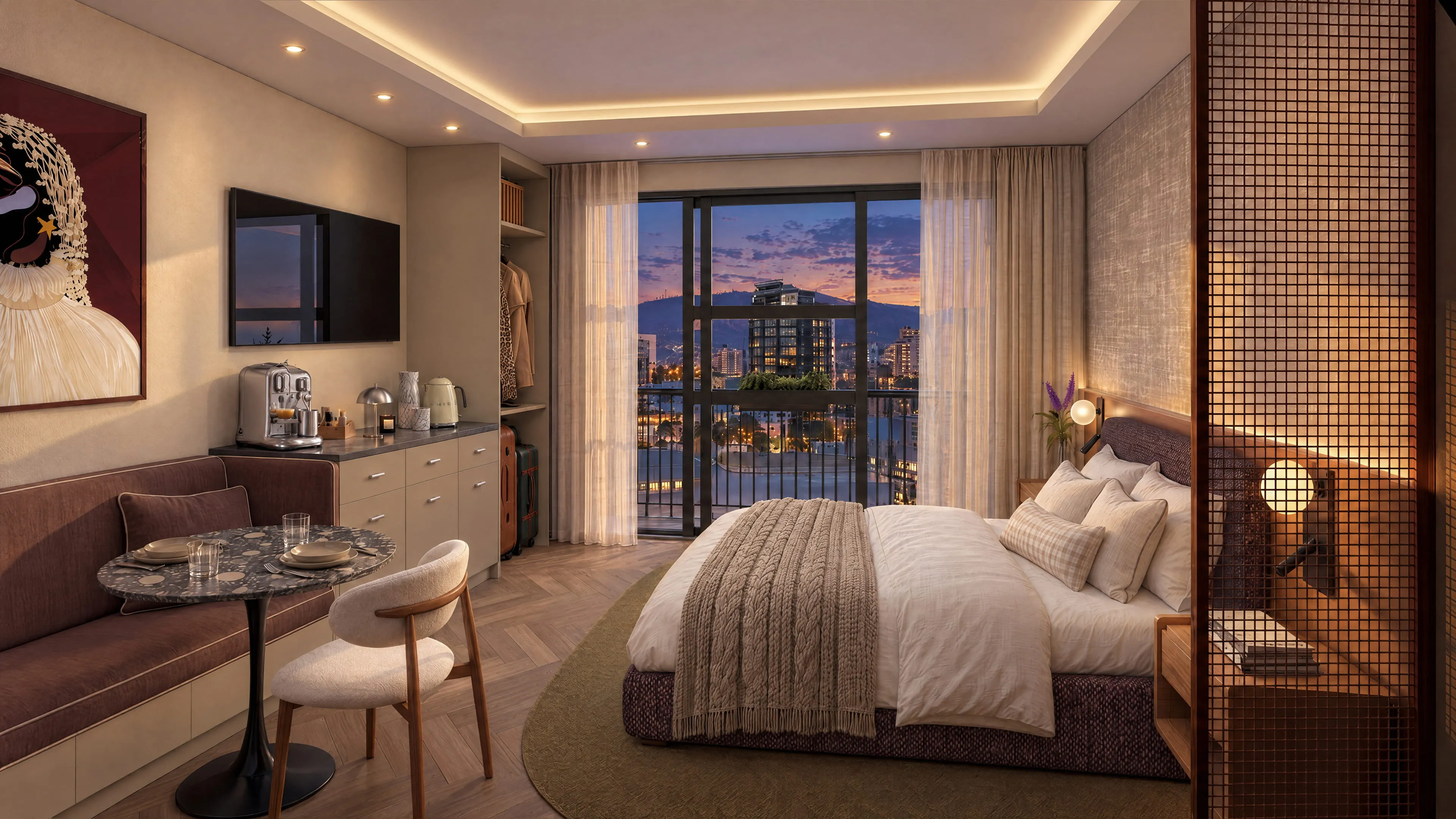 Studio residence at dusk, with a city view past the bed and a dining nook by the joinery