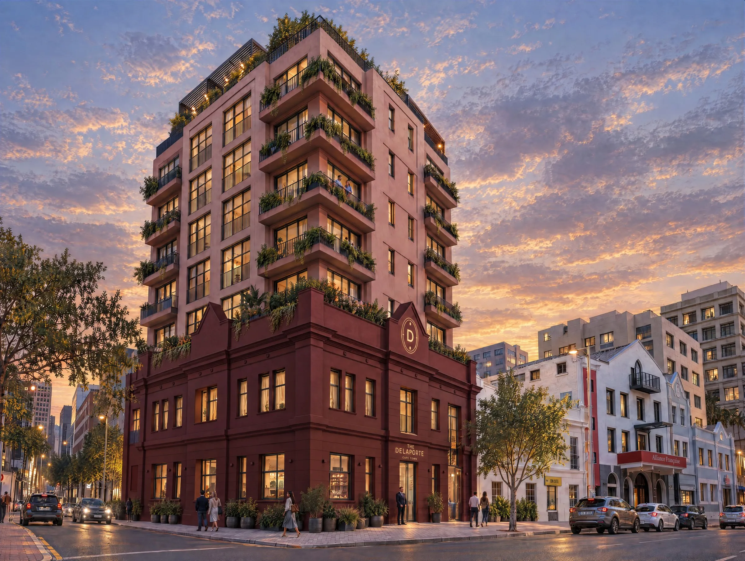 The Delaporte's heritage facade on Loop Street at dusk